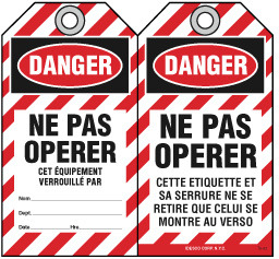 Bilingual Safety Tag - Danger, Ne Pas Operer, Cet, Equipement ...